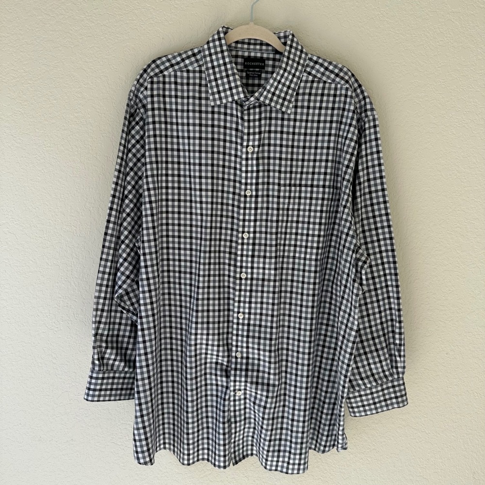Rochester Black Gingham Dress Shirt Mens 18.5 2XL Egyptian Cotton Non-Iron LS